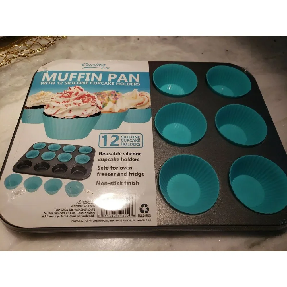 Muffin‎ Pan With 12 Reusable Silicone Cupcake Holders, Cucina Vita Non-stick New